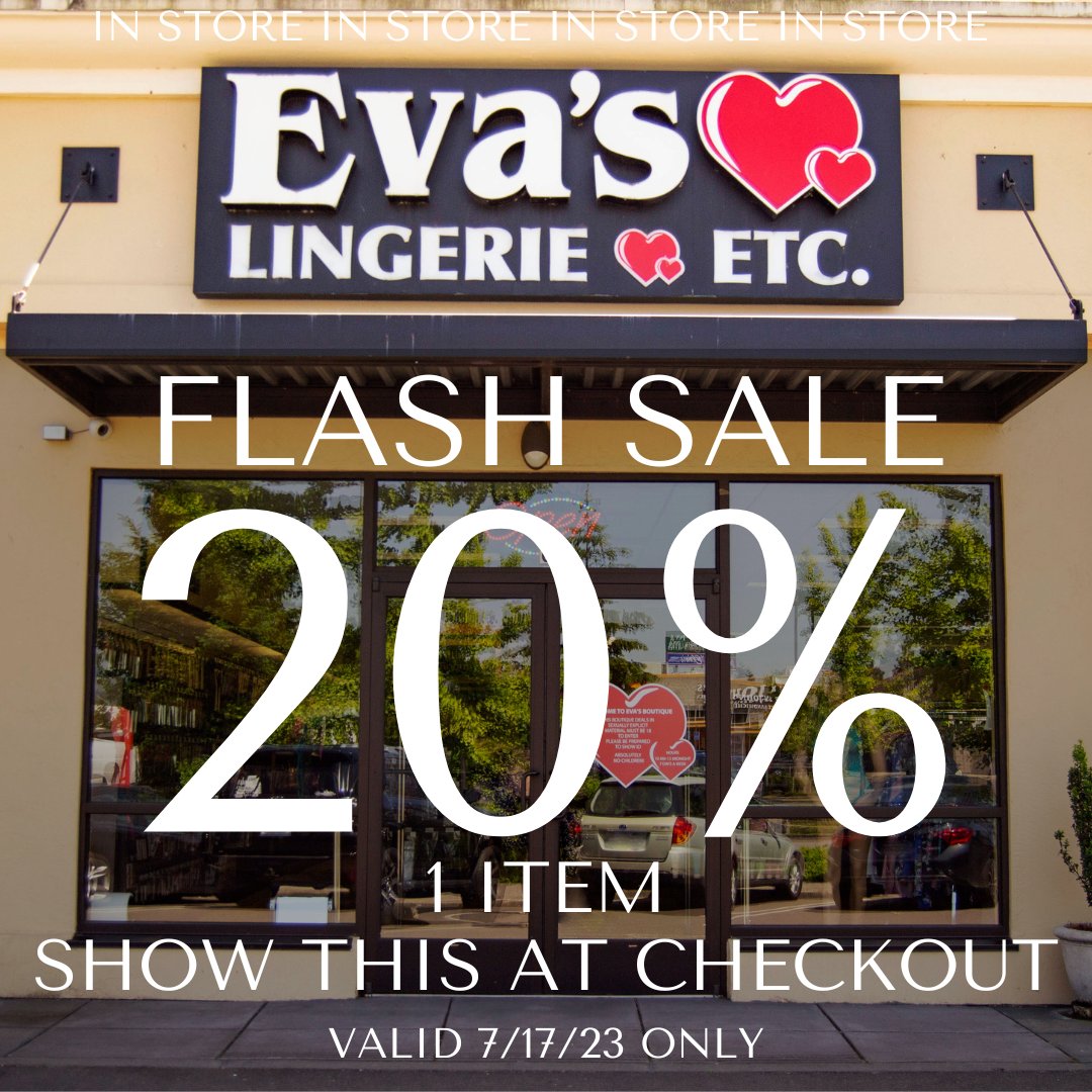 EvasBoutique's tweet image. 🎉 FLASH SALE ALERT! 🎉
Today only, save BIG on your favorite items! 🛍️✨ Show this post at checkout and enjoy a fabulous 20% OFF on ANY one item! 😱 Don't miss this opportunity to treat yourself Hurry in before the day is over! Offer valid 7/17/23. #FlashSale #InStoreOnly