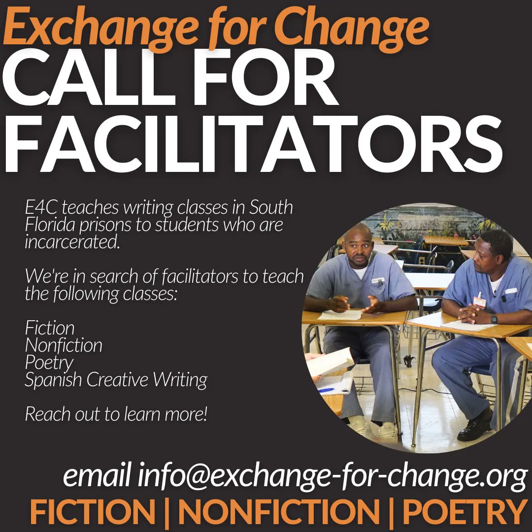 Ex4Change's tweet photo. We're on the lookout for facilitators to teach writing courses with E4C. Reach out to us if you'd like to learn more about getting involved and becoming a facilitator! https://t.co/rMbShnzV3R