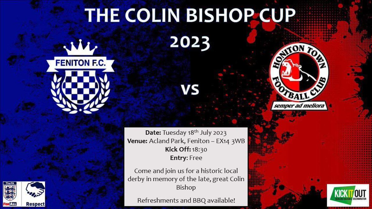 𝗣𝗿𝗲-𝗦𝗲𝗮𝘀𝗼𝗻 𝟮𝟬𝟮𝟑/𝟮𝟒 | 🔵⚪️

⚽️ UP NEXT! 👊🏻 The 1s host neighbours Honiton in the 2nd ever Colin Bishop Memorial Cup game. A game where we remember a true club Legend...

🔵 Feniton 1s
🆚 <a href="/Honiton_Town_Fc/">Honiton Town Fc</a>
🏟 Acland Park
⏰ 18:30
🏆 Colin Bishop Memorial Cup

#UTF💙