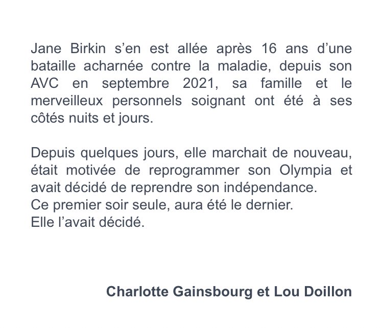 Charlotte Gainsbourg et Lou Doillon prennent la parole au lendemain du décès de leur mère Jane Birkin