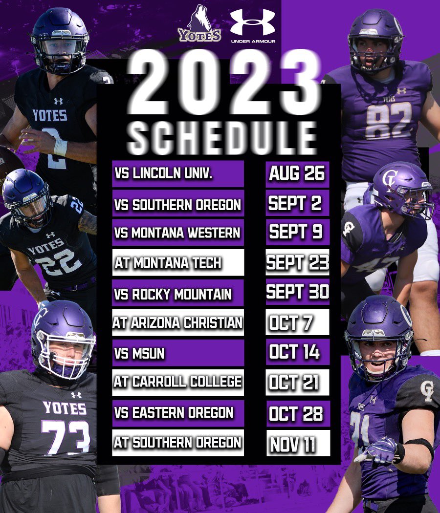 College of Idaho Football is 40 Days away from kicking off the 2023 Season!

Excited to see Simplot Stadium filled with Yotes fans and lots of purple at our home opener, August 26th vs NCAA D2 Lincoln University (CA).

#YoteSteel #ComeWinWithUs