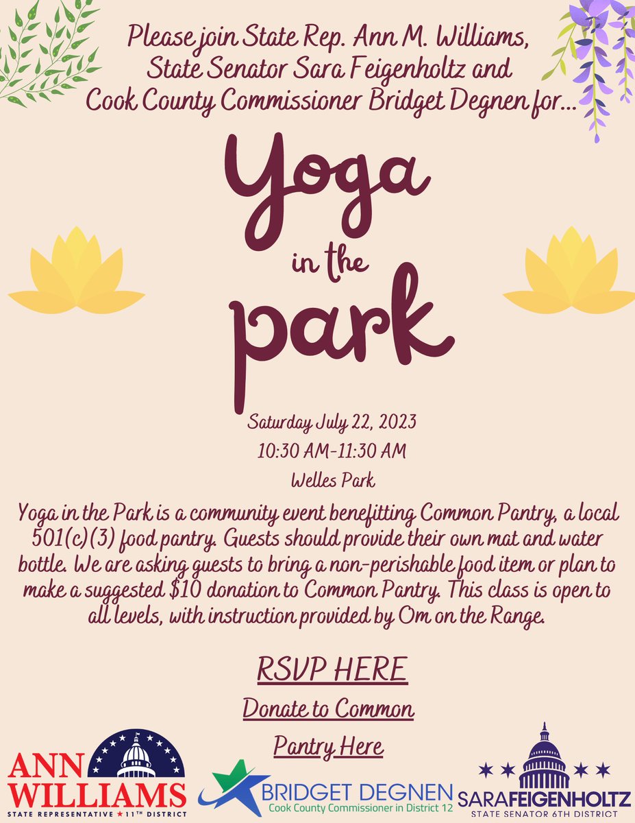 RepAnnWilliams's tweet photo. Yoga in the Park is coming up! Join me, @SenatorSara6 and @BridgetDegnen on Saturday, July 22. Presented by Om on the Range, all donations benefit @CommonPantry. Check out the flyer for more info- see you there! https://t.co/mewsdKZJZh