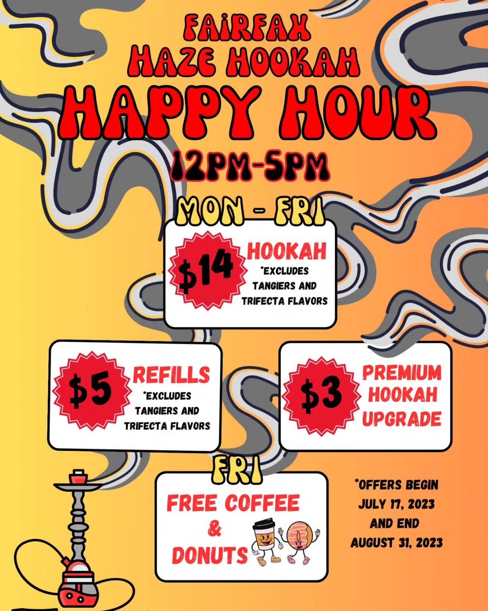 HazehookahCafe's tweet photo. Check out our new Happy Hour specials only at our Fairfax spot.

#viral #trending #hookah #hookahbar #hookahlounge #shisha #fyp #foryou https://t.co/zpGFrhQ8ab