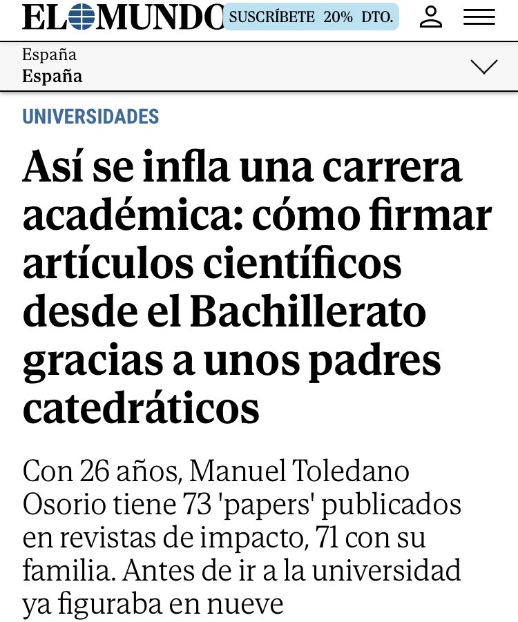 “Manuel Toledano Osorio tiene 26 años, un currículo excelente y unos padres, catedráticos de renombre en la Universidad de Granada, que lo han aupado…”
#FalsaMeritocracia #Endogamia

elmundo.es/espana/2023/07…