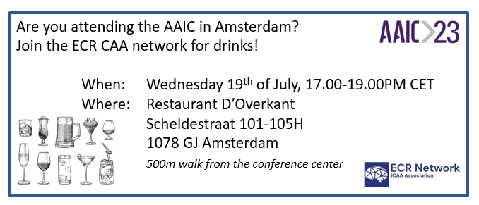 Are you an early career researcher in #CAA and attending the #AAIC2023? Join @ECRnetworkCAA for drinks this Wednesday! @ICAssociation #AAIC23 #PEERSPIA