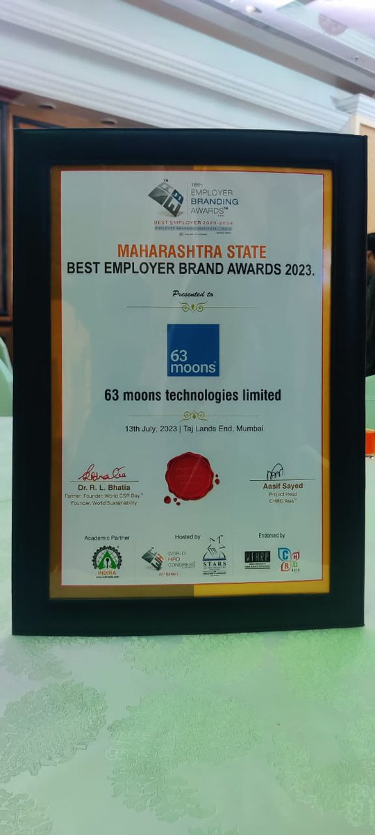 Life63moons1's tweet photo. Extremely delighted to receive this honor thru our #CHRO @Pravsw
#EmployerBrandingAwards
▪️#Maharashtra State Best Employer Brand 2023
▪️#National Award 4 Excellence in Human Resources
(For continuous Innovation in HR Strategy @ work)
▪️Award4 Brand Excellence in #IT #ITESSector https://t.co/Aue5sjCWPR