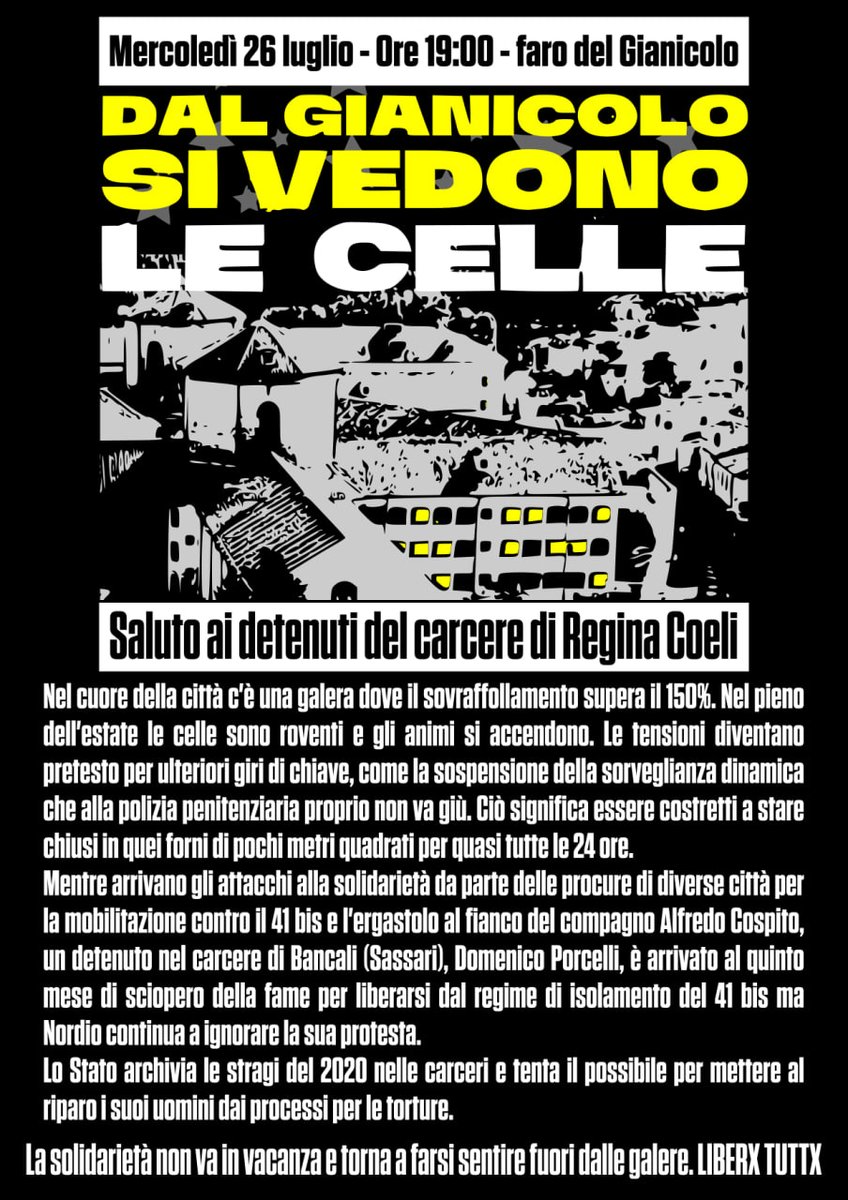 Mercoledì 26 luglio - Presidio al carcere di Regina Coeli