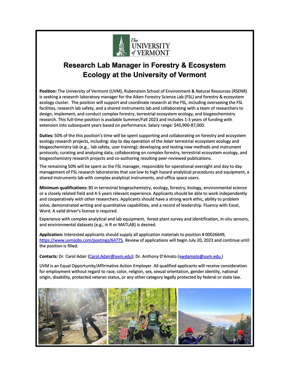 We are looking for a research lab manager to collaborate on #ClimateChange, #forestry, ecosystem ecology and #SoilCarbon projects. Get in touch with questions! @GundInstitute @UVM_RSENR @Agroecology_UVM @sacnas_uvm @UVM_WomeninSTEM @UVMExtcropsoil