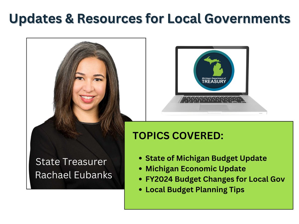 FREE WEBINAR: Updates & Resources for Local Governments on Thursday, July 20, 2023 at 1:30 PM. Register now: bit.ly/44DfKO3. With Treasurer Eubanks and @MItownships @MIcounties @MMLeague @MICountyRoads #LocalGov #MIBudget #MiGov