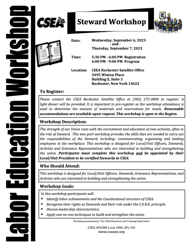 ‼️ Workshops Alert ‼️ Looking to attend a steward workshop? Well, great news! We have three coming up in Region 6! Give us a call at 716-691-6555 to reserve your spot today!