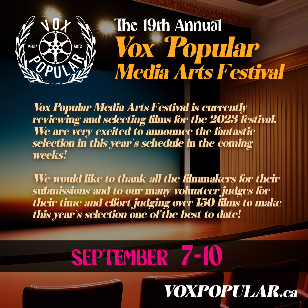 19th Annual Vox Popular Media Arts Festival! 
😎 Buy your tickets now! voxpopular.ca 
🗓 September 7-10 <a href="/defsup/">Defsup Gallery</a> 
Local, regional and international films! Live Performances! Arts Exhibition! 

#filmselections #artistrun #artscelebration #supportyourlocalartists