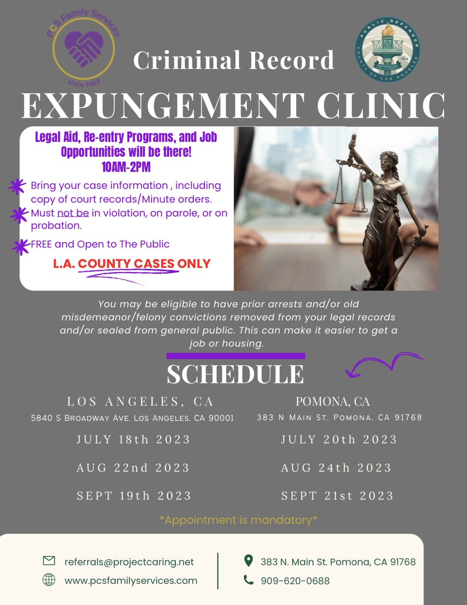 Call (909)620-0688 to see how you can register for our July expungement clinics. #nonprofitorganization #nonprofit #Recordexpungement #criminalrecordclearance #FreeServices #freelegalaid #lacounty