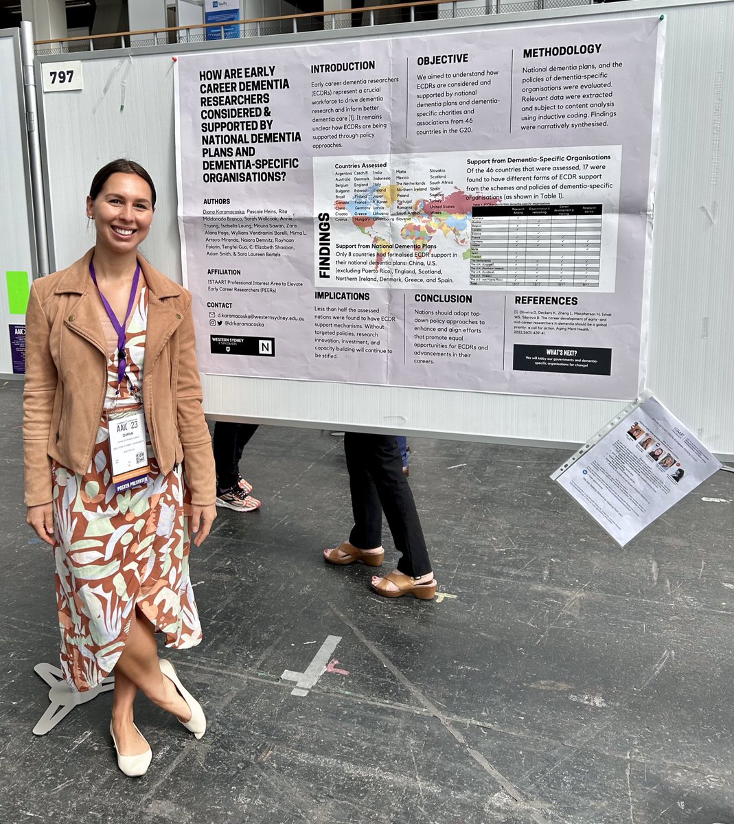 Dr. Diana Karamacoska (@DrKaramacoska) presented work from the #PEERSPIA detailing how early career #dementia researchers are supported by national dementia plans and dementia specific organizations. #AAIC23 #AAIC2023