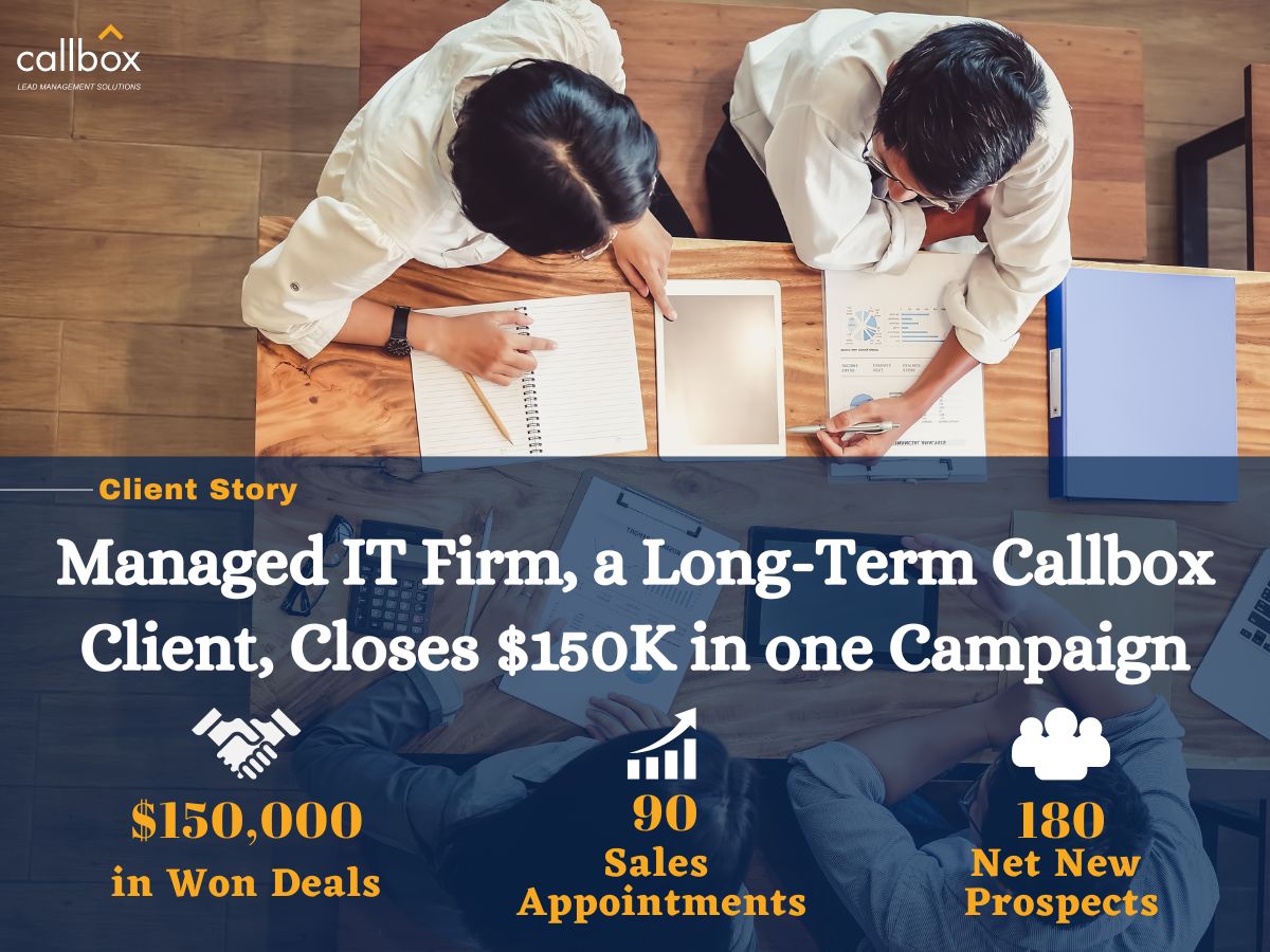 AlisonGWilliams's tweet image. Callbox's #leadgeneration and #appointmentsetting campaign achieves another success story for the #itmanaged firm and closes a deal worth $150k in one campaign.

Find out the challenges of the clients and how Callbox gives solutions.
👉 bit.ly/3Eb2ndD

#MSPleads
