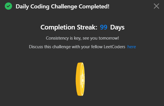 0NOSNA0's tweet photo. Daily Leetcode challenge Tweet:                                                                                     
Day - 99  solved @LeetCode daily challenge  #100DaysOfCode #DSA #codinglife https://t.co/mnhSTf0R56
