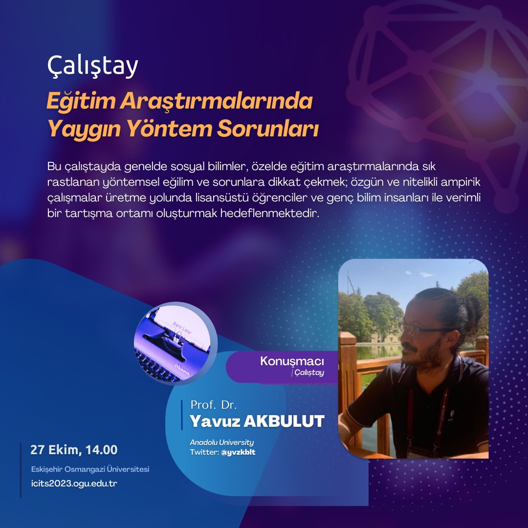 Eğitim Araştırmalarında Yaygın Yöntem Sorunları 
🎤 Prof. <a href="/yvzkblt/">Yavuz Akbulut</a> 
Çalıştayda özgün ve nitelikli ampirik çalışmalar üretme yolunda lisansüstü öğrenciler ve genç bilim insanları ile verimli bir tartışma ortamı oluşturmak hedeflenmektedir.