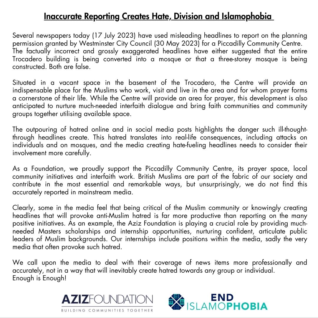 Setting the record straight.  Here is our statement on the recent misleading press coverage regarding our plans for the Trocadero building.

For our full statement, visit: azizfoundation.org.uk/2023/07/inaccu…