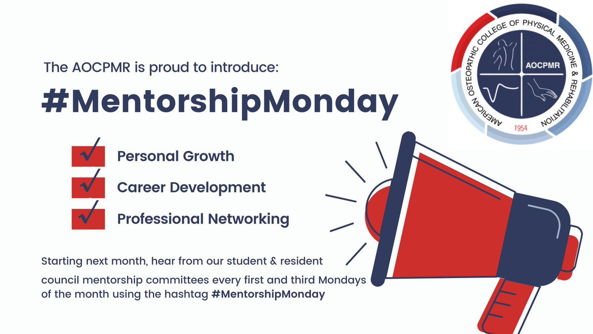We are excited to announce #MentorshipMonday as a new initiative this month to bring you on-the-ground advice and insight to help you succeed! Join the AOCPMR as a student member (for free!) and sign up for the mentorship program! ​#pmr #physiatry #meded #residency #mentorship