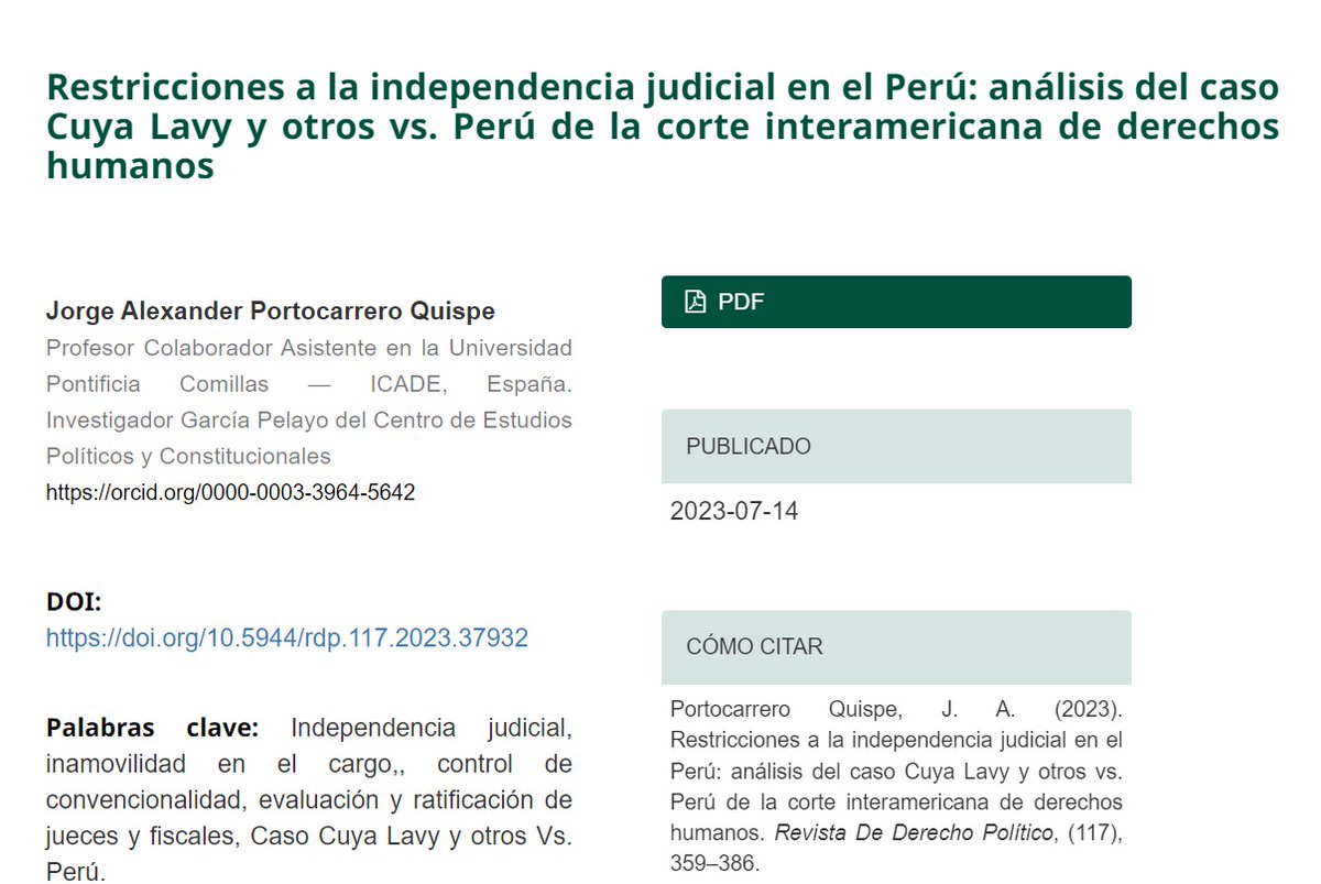 Sección: DERECHO POLÍTICO IBEROAMERICANO
Restricciones a la independencia judicial en el Perú: análisis del caso Cuya Lavy y otros vs. Perú de la CIDH

👉 por JORGE ALEXANDER PORTOCARRERO <a href="/jorgeporto11/">Jorge Portocarrero</a> en #RDP117

🔴ACCESO ABIERTO EN: revistas.uned.es/index.php/dere…