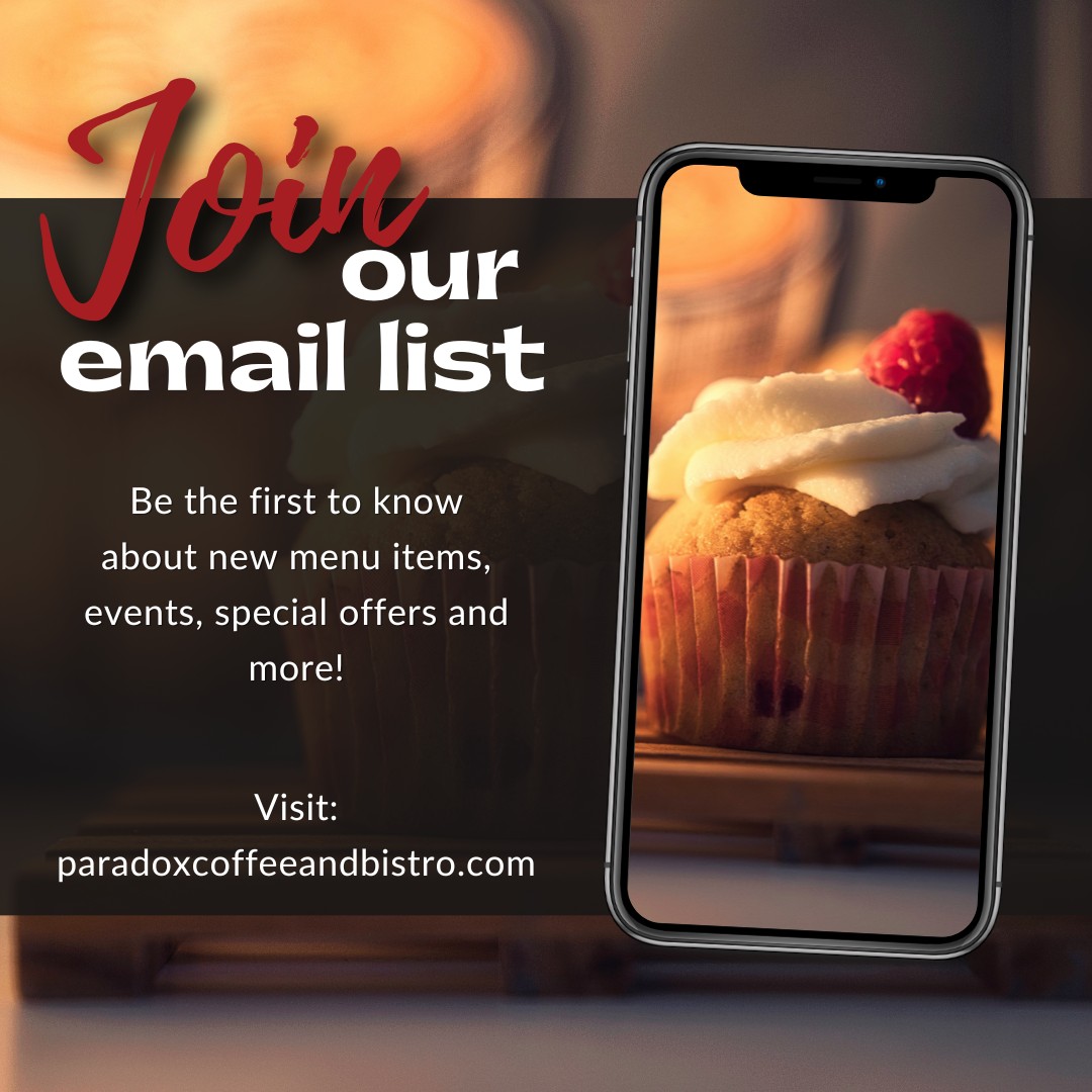 Stay in the loop and join our coffee-loving community! ☕📧 Sign up for our email list and be the first to know about exclusive promotions, new coffee releases, special events, and more at Paradox.
#ParadoxCoffeeBistro, #coffeelovers, #JunctionCityKS