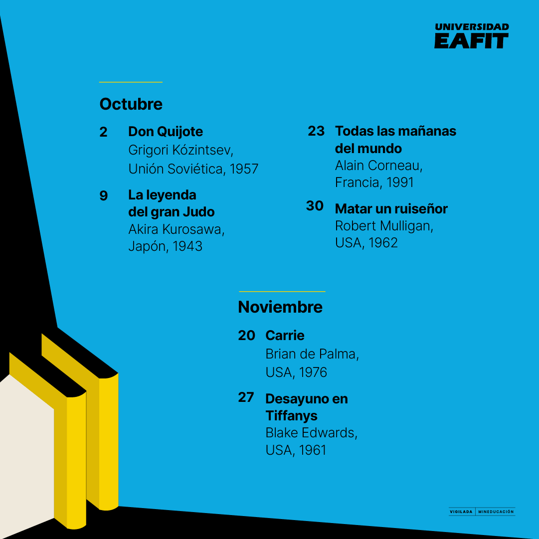 EAFIT's tweet photo. 🎟️Este espacio, que tiene entrada gratuita y se realiza todos 📅los lunes del semestre a las 5:00 p.m., en el auditorio 501 del 📍Bloque 19 (Ingenierías), comienza este 17 de julio con el filme 📽️El halcón maltés (John Houston, 1951), una adaptación en la pantalla grande de la icónica novela policiaca de Dashiell Hammett que lleva el mismo nombre. Y cada semana presentará producciones basadas en libros, como Muerte en el Nilo, Otelo, El cartero llama dos veces o Carrie, entre otras.

🔎Conoce toda la programación de este ciclo y prográmate 📽️👇🏽