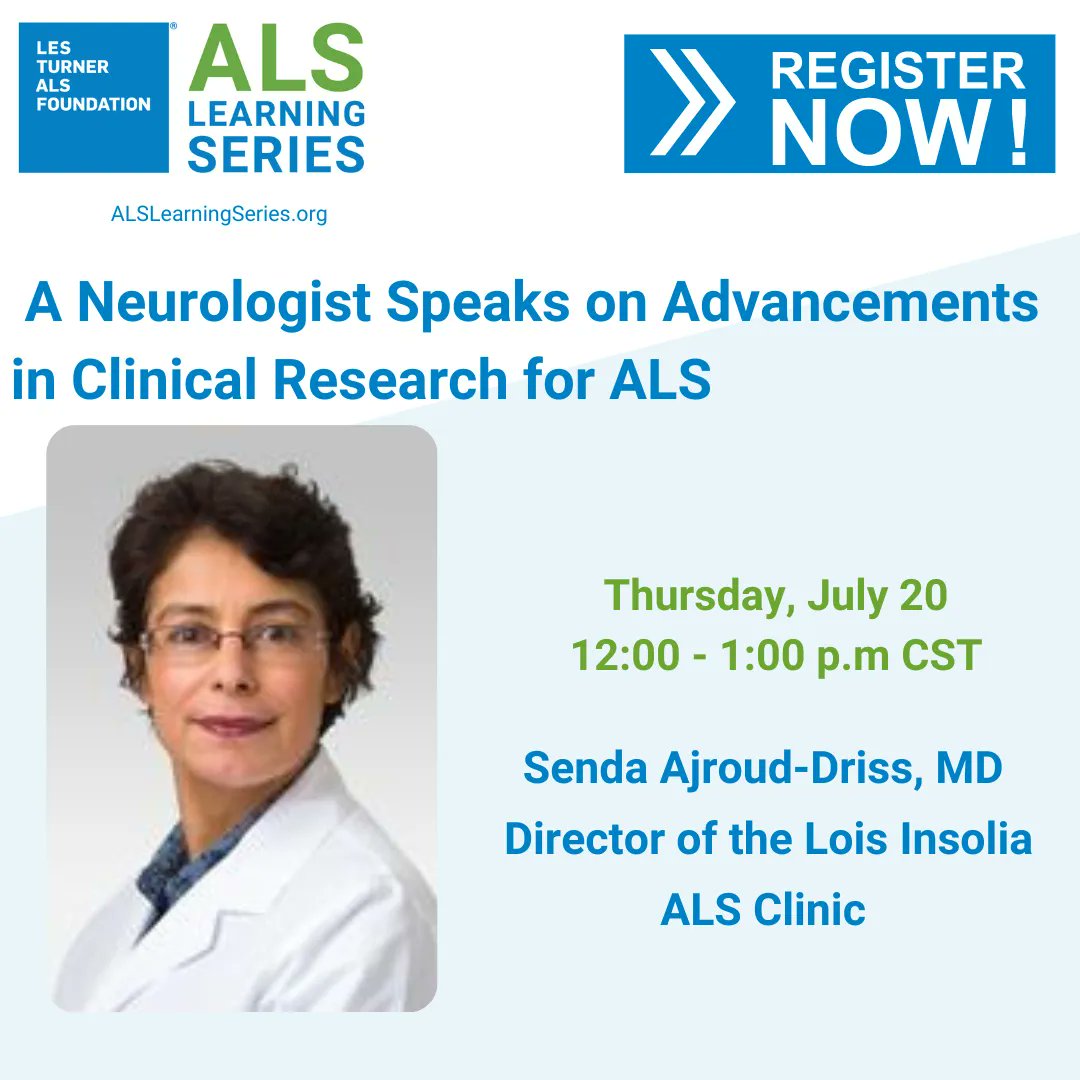 There is still time to register for our July ALS Learning Series. On Thursday, July 20, at noon CST, Dr. Driss will review recent updates in ALS clinical research, and provide helpful information on ALS clinical trials that are currently recruiting.
https://t.co/EU3GXsWPqY https://t.co/uOtSH8YyxD