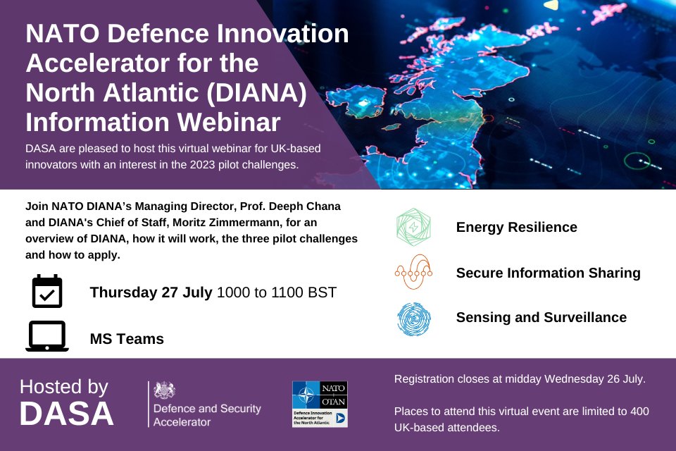 UKDInnovation's tweet photo. 📣 Calling all UK-based innovators!

DASA are hosting a DIANA webinar on 27 July, featuring DIANA’s Managing Director, Prof. Deeph Chana, and Chief of Staff, Moritz Zimmermann, to discuss DIANA and its recently launched pilot challenges.

Register here: https://t.co/sk8CN04CA5 https://t.co/yg2HXpfuiZ