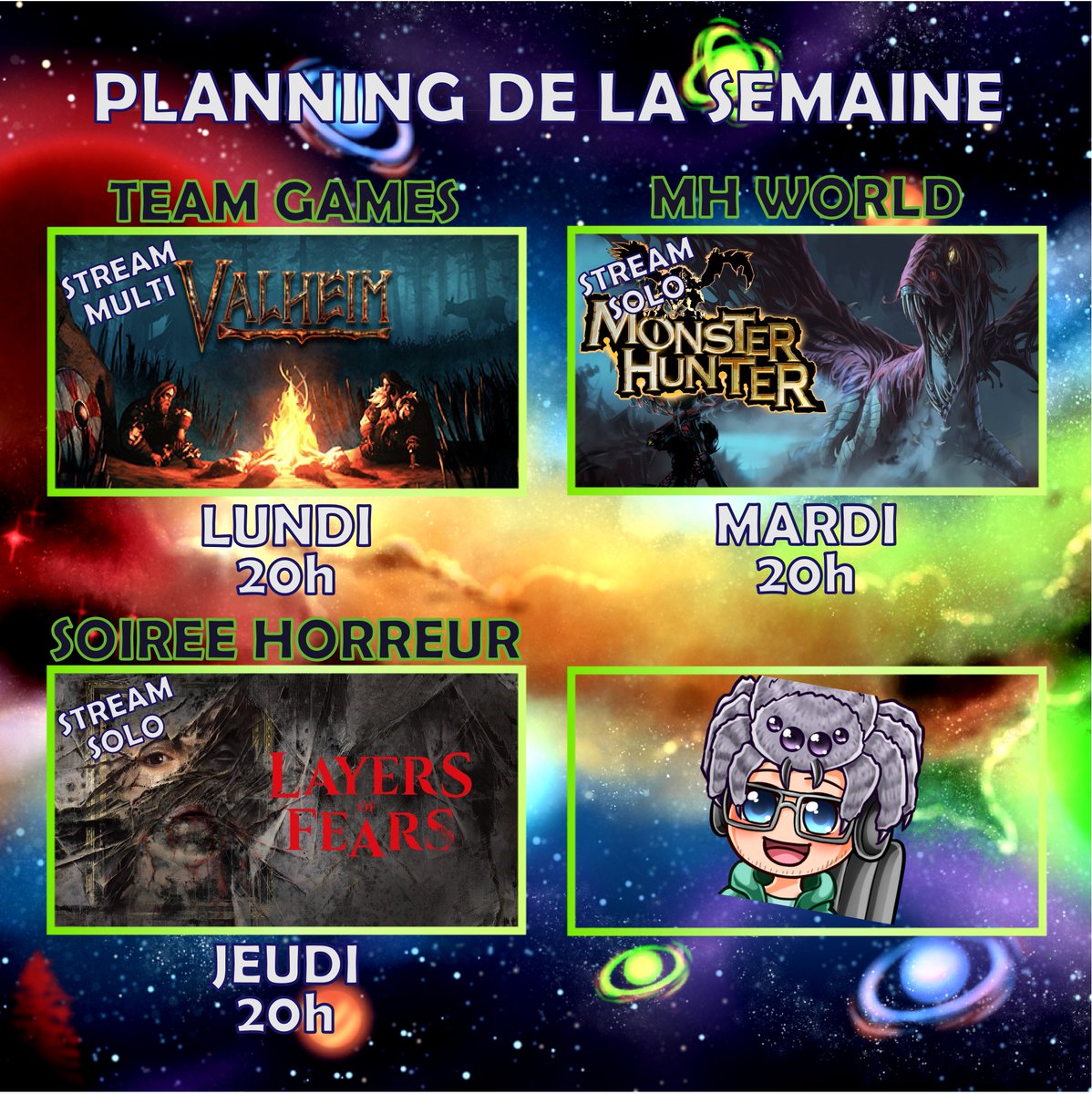 LeKricket's tweet photo. Voici le planning de la semaine !
🎥 Lundi - POV Build et terraformage sur Valheim ! 🤝
🎥 Mardi - MH World en solo contre le Fatalis 🐉
🎥 Jeudi - Episode 6 - DLC 2 de Layers Of Fears !! 😱👻
#twitch #stream #planning #twitchfr #games https://t.co/6o3aXddS0A