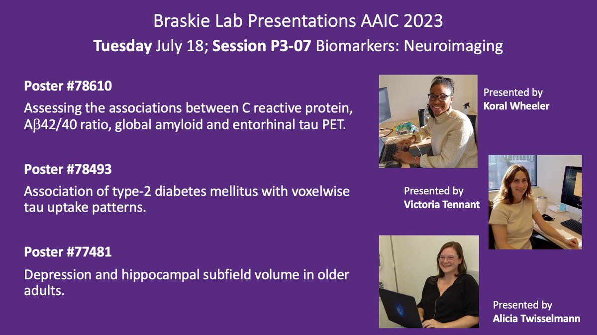 Our lab presents tomorrow (Tues) at #AAIC23. Please stop by to talk 🧠research with rising ⭐️s @KoralWheeler, @vrtennant, and @neuro_twist & give them a follow 👀