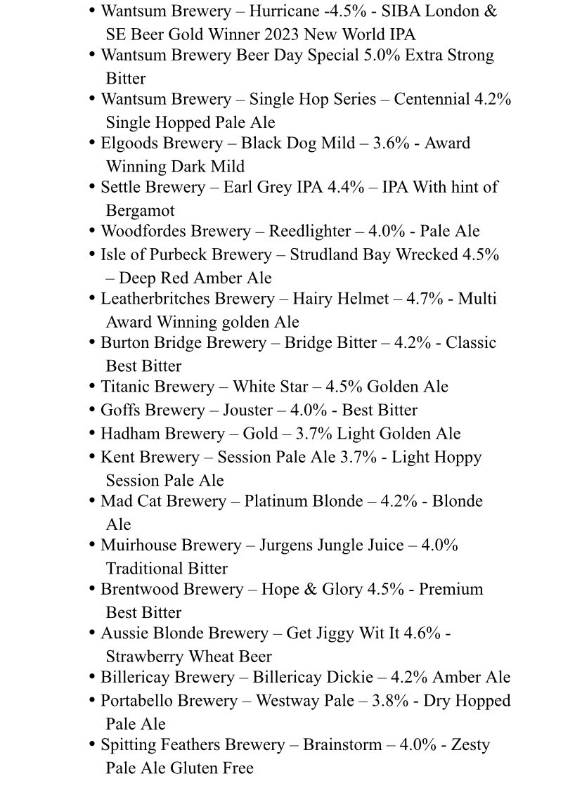 Apologies for the raw data but hot off the press is this years real ale offering. Ciders due to be confirmed tomorrow.