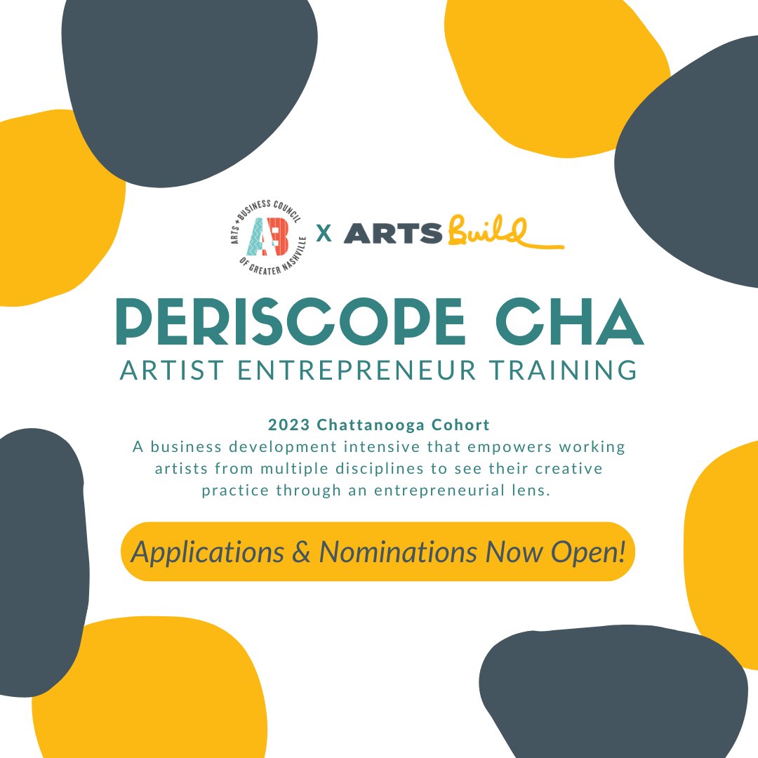 ArtsBuild (@artsbuild) on Twitter photo ArtsBuild and the <a href="/Chattanooga_gov/">City of Chattanooga</a>, Office of Arts, Culture, and Creative Economy, announce the Periscope CHA: Artist Entrepreneur Training to strengthen the local creative economy. To apply, visit docs.google.com/forms/d/e/1FAI… ArtsBuild and the <a href="/Chattanooga_gov/">City of Chattanooga</a>, Office of Arts, Culture, and Creative Economy, announce the Periscope CHA: Artist Entrepreneur Training to strengthen the local creative economy. To apply, visit docs.google.com/forms/d/e/1FAI…