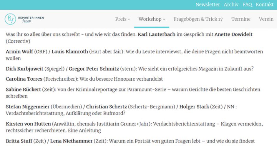 Pralles Programm beim diesjährigen Reporter:innen-Workshop des @reporterforum am 15./16. September beim SPIEGEL in Hamburg. Insgesamt 42 (!) Workshops in 2 Tagen, @louisklamroth & ich tragen auch etwas bei. Details & Anmeldung hier: reporter-forum.de/reporterinnen-…