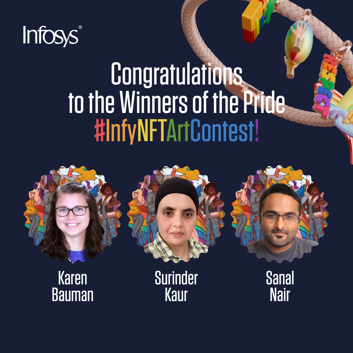 Congratulations to the winners of our #InfyNFTArtContest Karen Bauman, Surinder Kaur, and Sanal Nair, who’ve won exclusive NFT artwork designed by Theodoor Grimes. A big thank you to everyone who participated in our contest in support of the #LGBTQIA+ community and pride month! https://t.co/vnzwVJ3A90