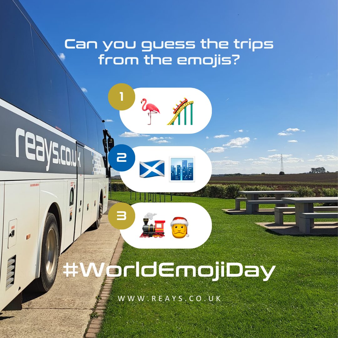 ReaysCoachTours's tweet photo. Hop on board and let's roll into #WorldEmojiDay together! 🤩🚌

Can you #guess some of this year's upcoming trips from our emojis?

Find out if you're right by checking our website: https://t.co/Ko0dv16C0U https://t.co/91ly6PaaIH