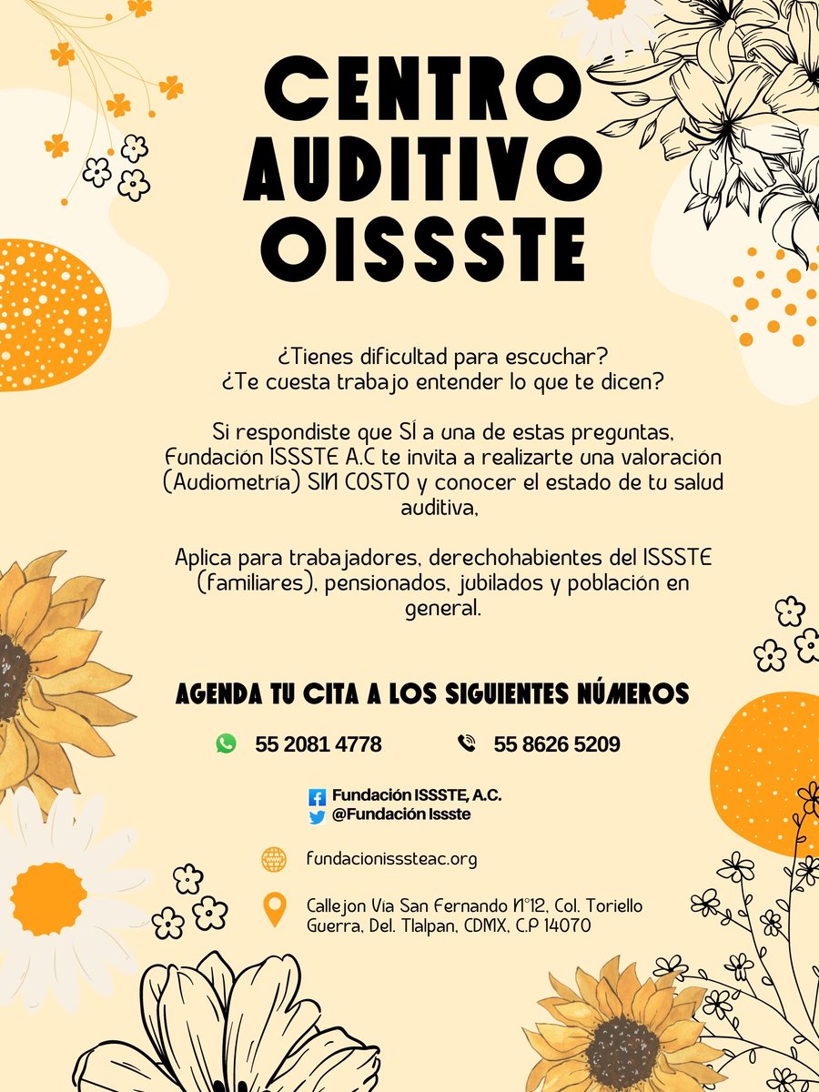 Fundación ISSSTE A.C te invita a realizarte una valoración (Audiometría) SIN COSTO y conocer el estado de tu salud auditiva.

Aplica para trabajadores, derechohabientes del ISSSTE  y población en general.

Agenda tu cita en los siguientes números:

55 2081 4778  /   55 8626 5209