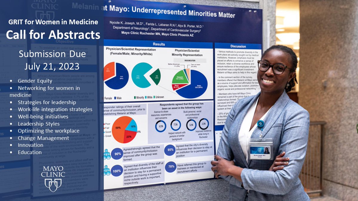 Submit your #MayoGRIT abstract today. Deadline July 21, 2023! The goal of the poster session is to share your knowledge to inspire leaders in healthcare to rise to situations & achieve success. mayocl.in/44OrUUA @SMoeschlerMD @anjalibhagramd @emilysharpe @AmyOxentenkoMD