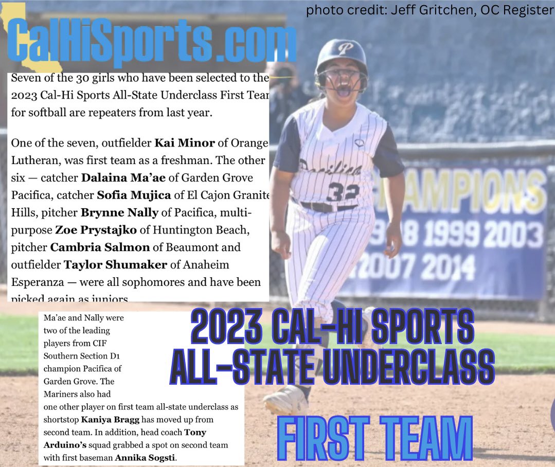 Deeply humbled & honored to be a 2-time 1st Team selection. Grateful to @CalHiSports for their support of female athletes! 🙌 congrats to my girls @2024BrynneNally @KaniyaBragg @AnnikaSogsti @ayla_tuua & Joie Economides! @PacHS_Softball @WildcatsWeil @CoastRecruits @ExtralnningSB