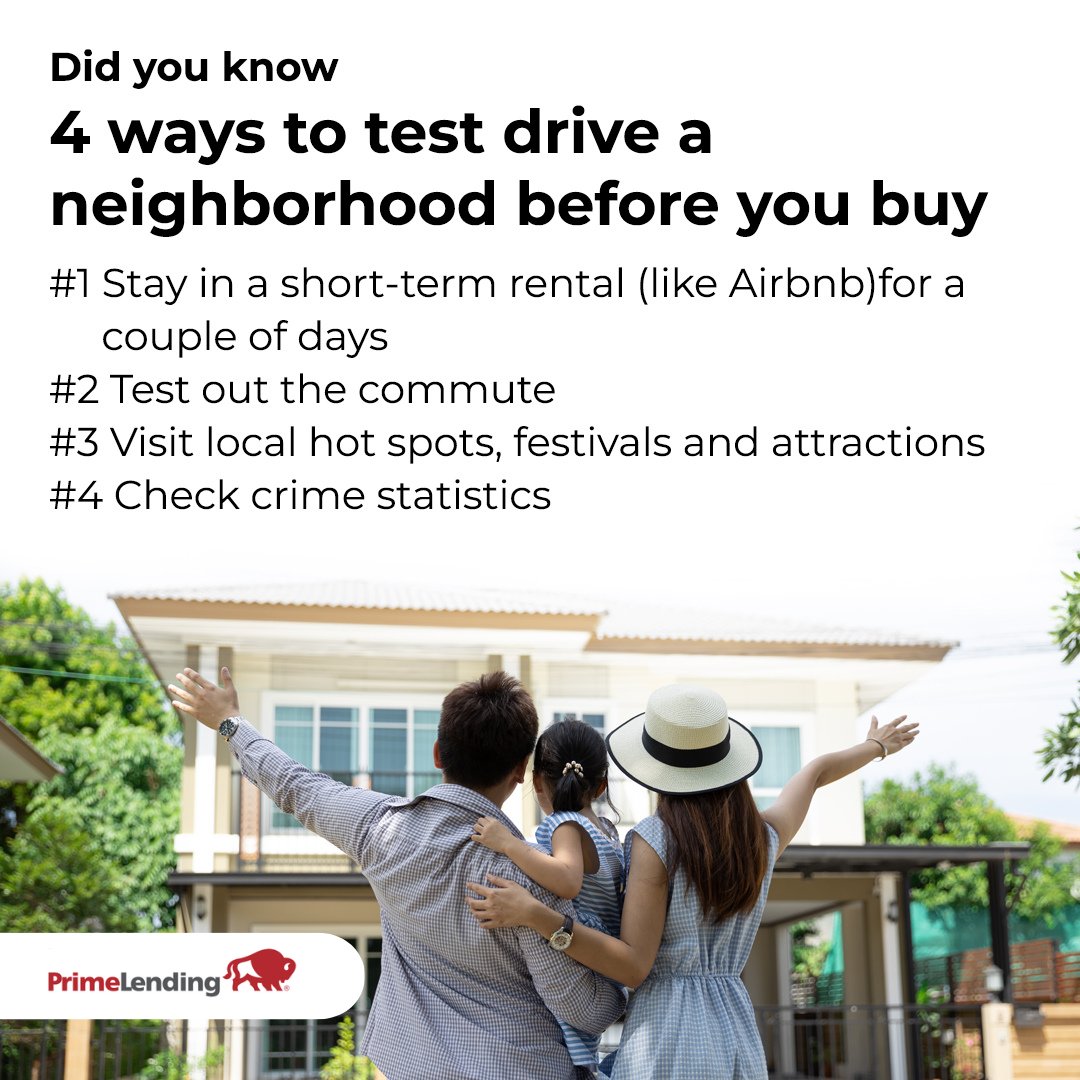 APK221's tweet photo. Did you know 4 ways to test drive a neighborhood before you buy.

#firsttimehomebuyer #buyingahome #austinkleinmortgage #homeowner #investment #realestate https://t.co/uYF1iKJWgS