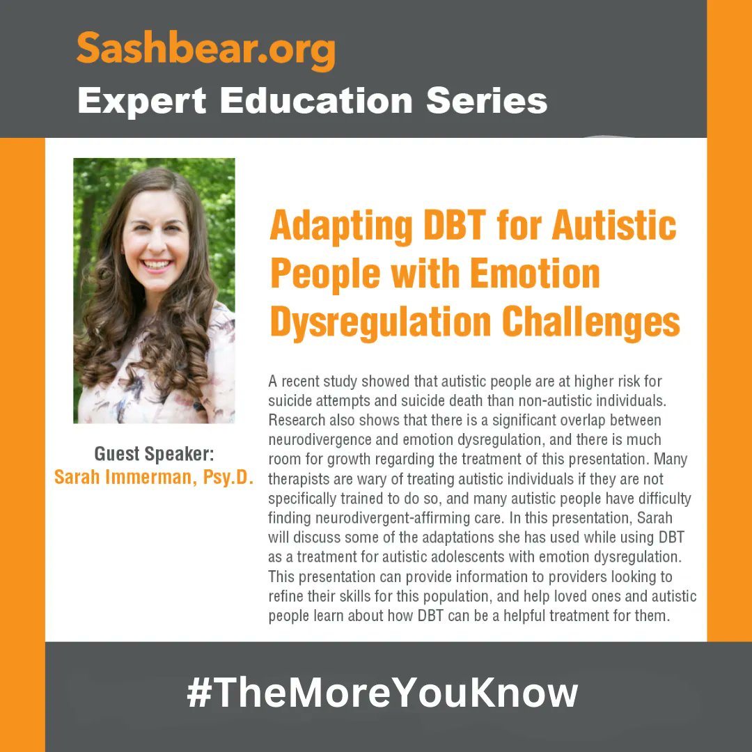 ICYMI - Adapting DBT for Autistic People with Emotion Dysregulation Challenges with Dr Sarah Immerman: buff.ly/3PWlaQf 

This presentation can provide information to providers, and help family members and autistic people learn how DBT can be a helpful treatment for them.