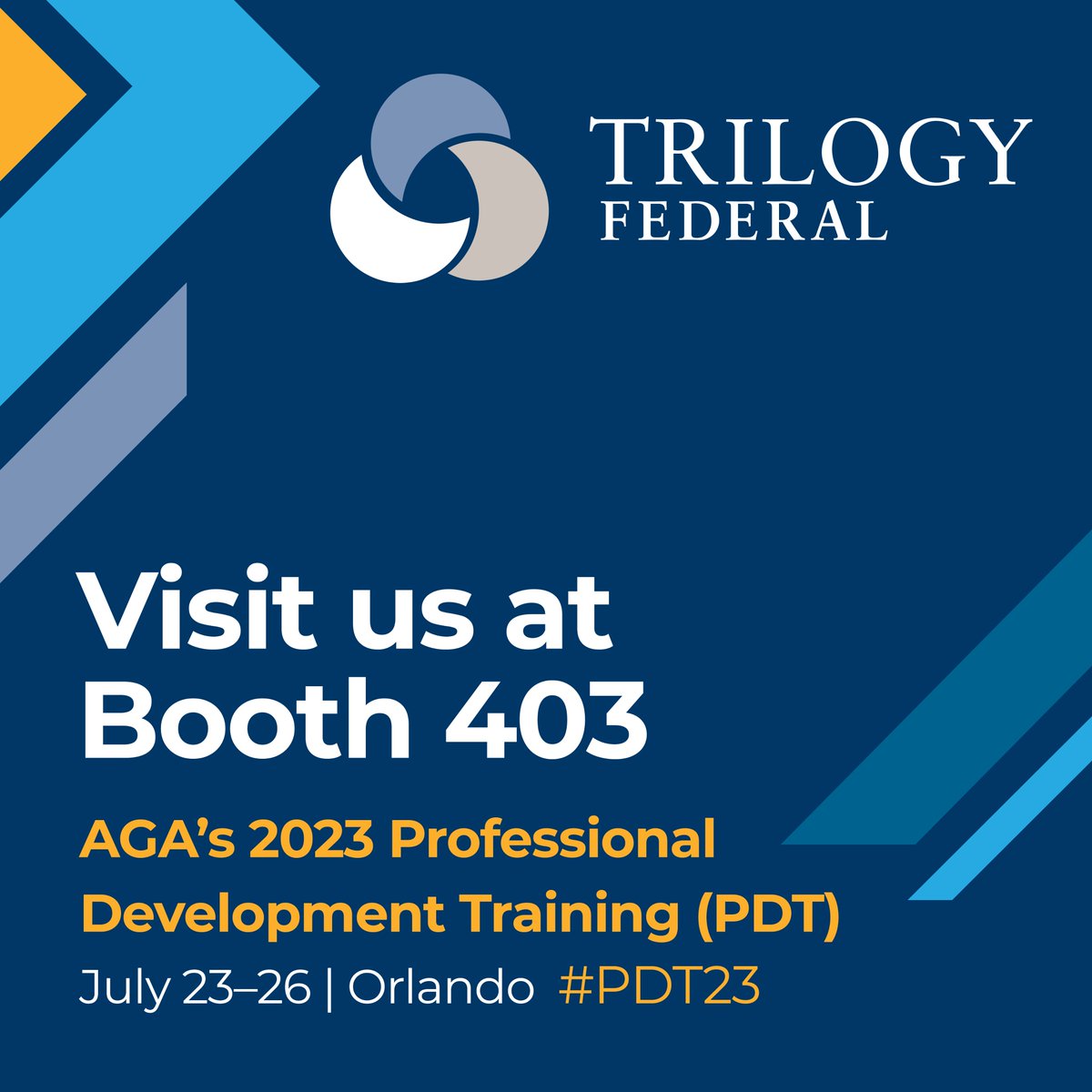 TrilogyFederal's tweet photo. Heading to AGA’s #PDT23 in Orlando next week? We’re very excited to be exhibiting again this year! Stop by Booth 403 throughout the conference to meet with some of our awesome financial management SMEs. https://t.co/p6e3W0woYf