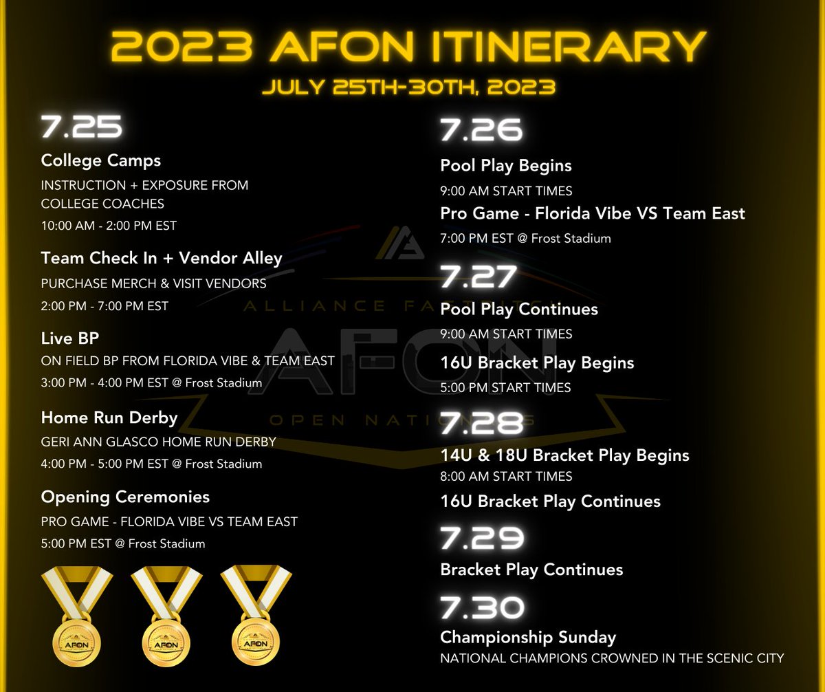 Check out the 2023 AFON Itinerary🤩 College Camps, Home Run Derby, Pro Games, Bracket Play &amp; MORE👀 #AtTheAFON