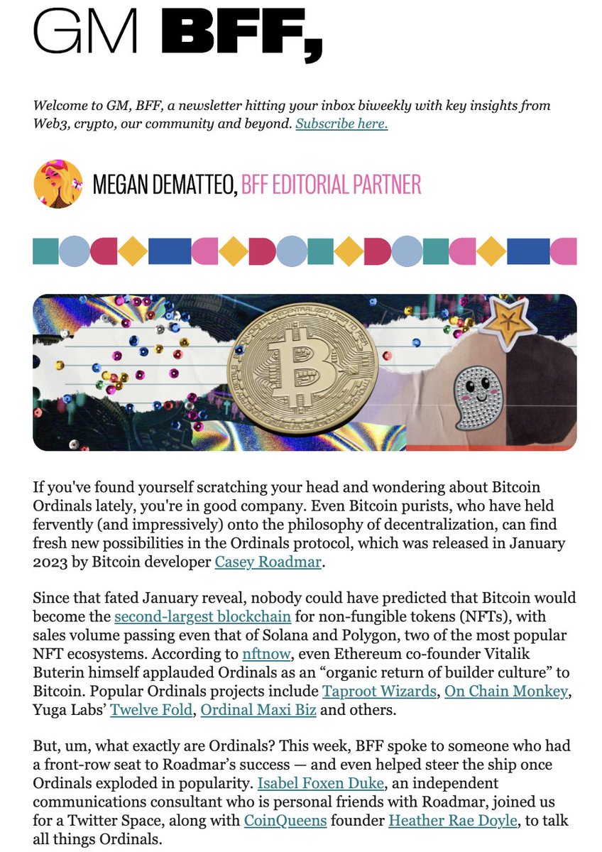 Thanks to <a href="/MyBFF/">BFF 🌈</a> for the opportunity to share my passion for Bitcoin and Ordinals and feature in your newsletter. 

Listen back to Spaces replay in the comments👊