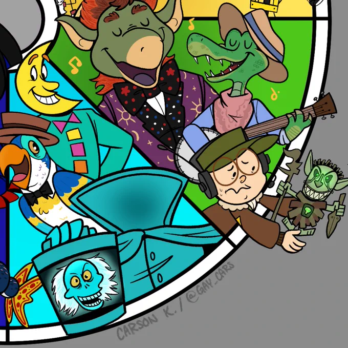  Eclipse (Cosmic Ray's Starlight Cafe)Banjo Gator (America Sings/Splash Mountain)Buzzy (Cranium Command)Shiriki Utundu (Tower of Terror at DisneySea)Light  (Pleasure Island)Barker Bird (Enchanted Tiki Room)Hatbox Ghost (Haunted Mansion) 