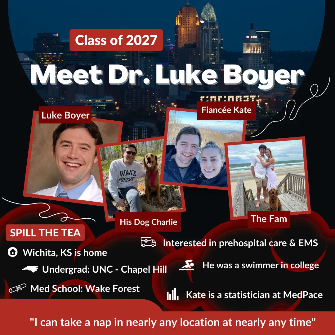 Time for #InternIntros c/o 2027! Kansas native Dr. Boyer joins us from @wakeforestmed after undergrad at @UNC He's excited to get involved with EMS, especially as a #FlightDoc & 'work with the best residency class ever'! Welcome to Luke, his fiancée Kate, & their dog Charlie