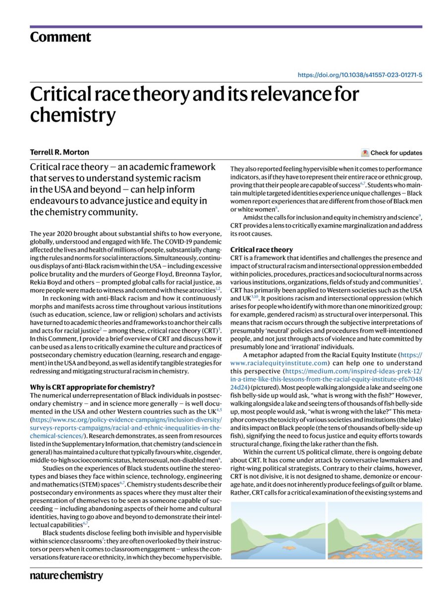 Terrell Morton, PhD (@drtrmorton) on Twitter photo A great “pre-birthday” gift.
I am excited to share “#CriticalRaceTheory and it’s Relevance for #Chemistry”
Published in <a href="/NatureChemistry/">Nature Chemistry</a>
Use this link for free access to the article & supplemental text:
rdcu.be/dg3aO
#CRT #Science #STEMEd #ChemistryEd A great “pre-birthday” gift.
I am excited to share “#CriticalRaceTheory and it’s Relevance for #Chemistry”
Published in <a href="/NatureChemistry/">Nature Chemistry</a>
Use this link for free access to the article & supplemental text:
rdcu.be/dg3aO
#CRT #Science #STEMEd #ChemistryEd