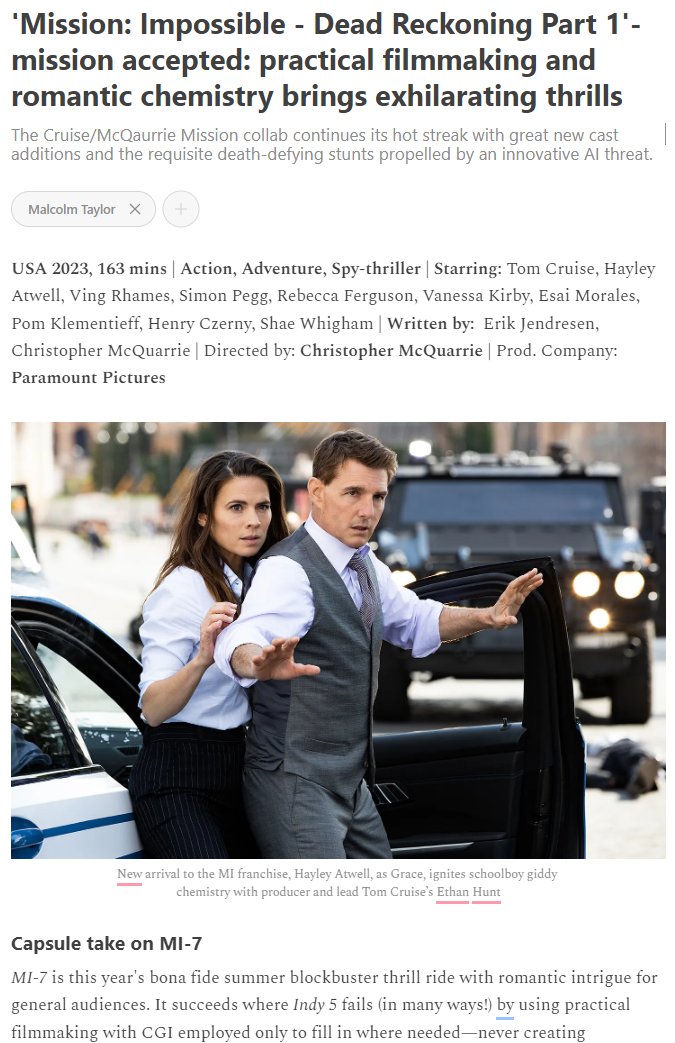 Tom Cruise and Christopher McQuarrie continue their thrill-seeking hot streak with new franchise addition Hayley Atwell in #MissionImpossibleDeadReckoning 

Please check out my in-depth review for all the details. 

malcolmtaylor.substack.com/p/mission-impo…