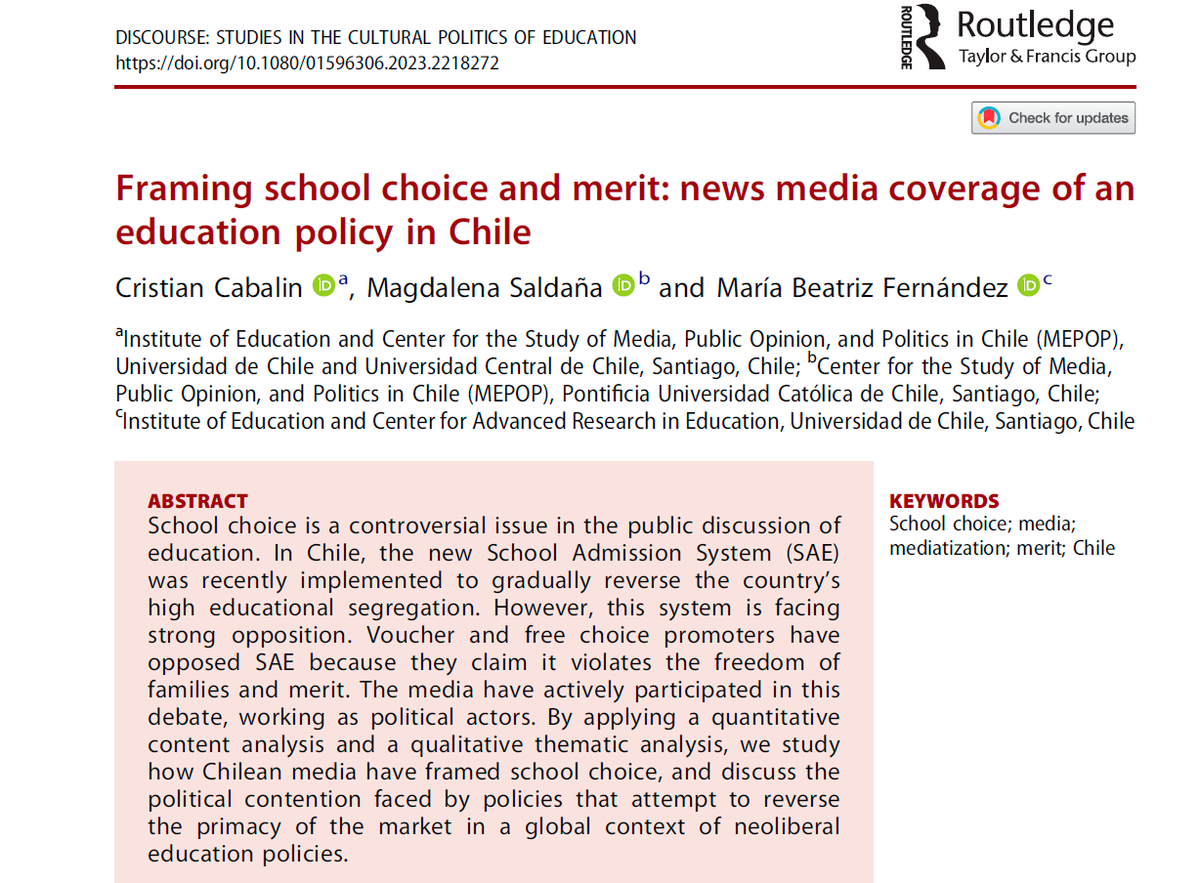 El mes pasado publicamos el primer paper de nuestro Fondecyt en la revista <a href="/DiscourseofEd/">Discourse</a>, donde observamos la #coberturaperiodística del #SAE durante su puesta en marcha en 2019 y 2020
(2/5)
tandfonline.com/doi/full/10.10…