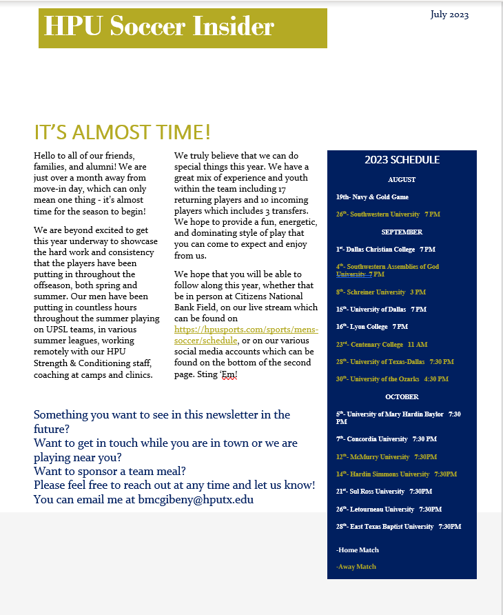 hputxmsoccer's tweet photo. See what is happening with HPU!

Check our July 2023 edition of the HPU Men's Soccer Insider.
This month features a prelude to the upcoming season, our full schedule, and an introduction to the coaching staff. 
If you'd like to receive this via email, you can send us a DM! https://t.co/Ss7ROzp7Yg