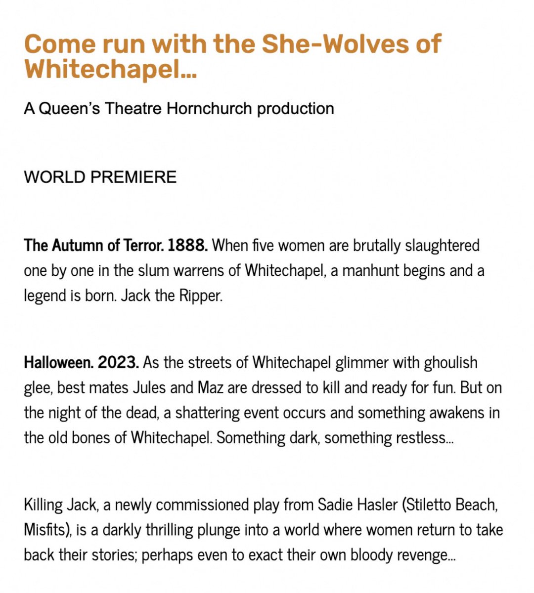 Come run with the She-Wolves…

Getting excited to cast this beast of a show. It has been a long labour of love finding &amp; writing &amp; editing the story that needed to be told…❤️‍🔥🐺

#KillingJack <a href="/QueensTheatreH/">Queen's Theatre Hornchurch</a> 
26 Oct - 11 Nov

queens-theatre.co.uk/whatson/killin…