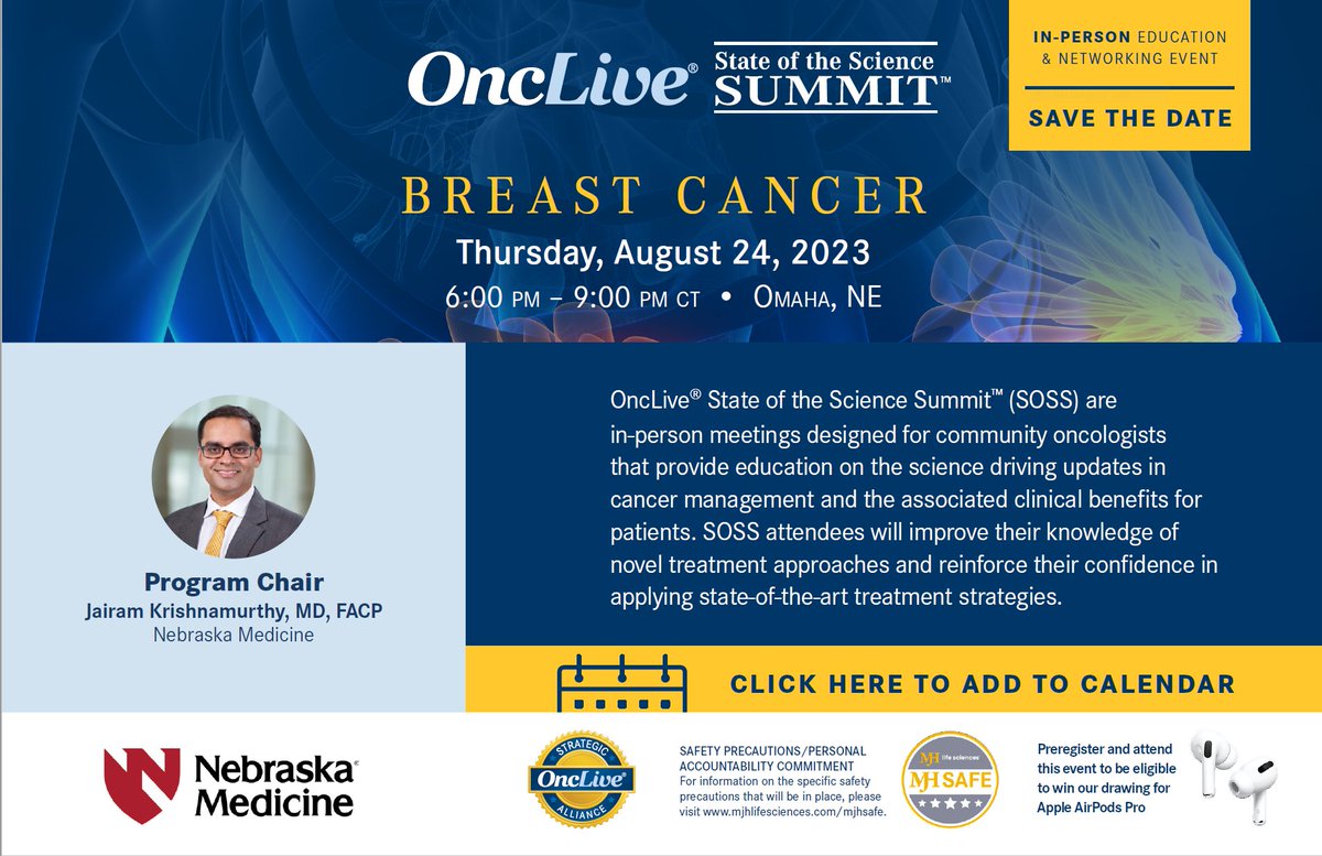 Save the Date: @DrJairamK is chairing the @OncLive State of the Science Summit on Breast cancer on Aug 24, 2023 in Omaha. Register here: event.onclive.com/event/b15e5714…..